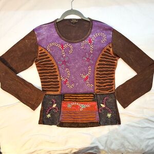 Rising International Embroidered Boho Hippie Nepal Top Shirt Women L Brown Purpl